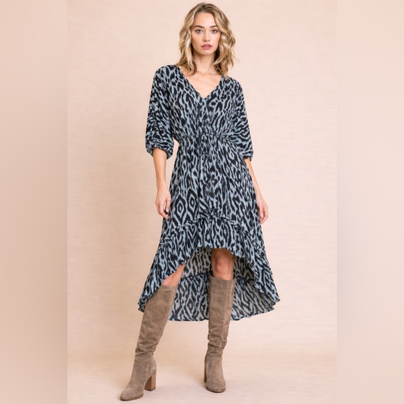 Umgee Dresses & Skirts - Umgee Plus Ikat Print High Low Dress XL Ruffle Boho Hippie Ruffle Tie Waist